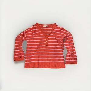LOFT Women’s Red Pink Striped Henley Sweater V-Neck Button Front Size M